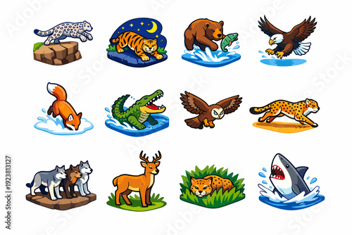 Wildlife moments. Colorful isometric vector icons set of Wildlife moments: snow leopard cliff leap, tiger night hunt, bear fishing jump, eagle mid air catch,