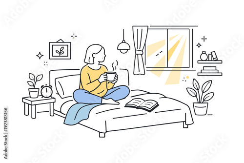 Slow living interiors with natural light ? Morning sunlight in a cozy bedroom. Person sitting on the bed with a book or cup of tea, sun rays