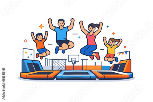 Indoor trampoline parks children and adults enjoying synchronized jumps in a clean modern arena, reflecting freedom, balance, and social fun. A modern visual