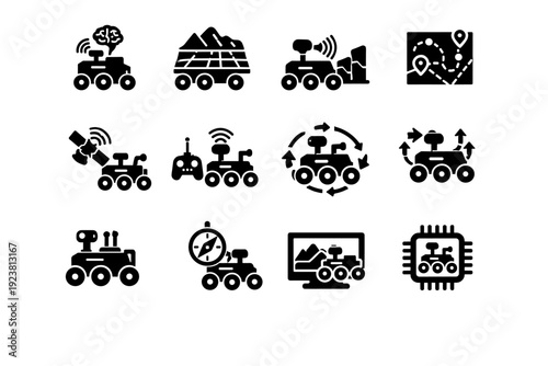 Autonomous Rover Technology. Solid icon set of autonomous rover technology: AI navigation, terrain mapping system, obstacle detection, path planning, data