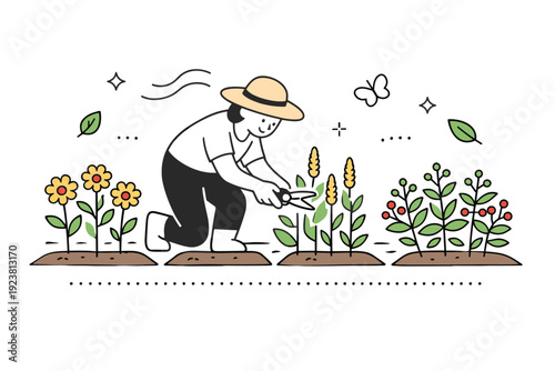 Natural dye garden tending. A person watering or trimming dye plants like madder, weld, or coreopsis in neat rows, showing mindful cultivation and sustainable