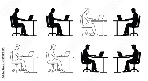 People working on laptops at desks in a minimalist silhouette