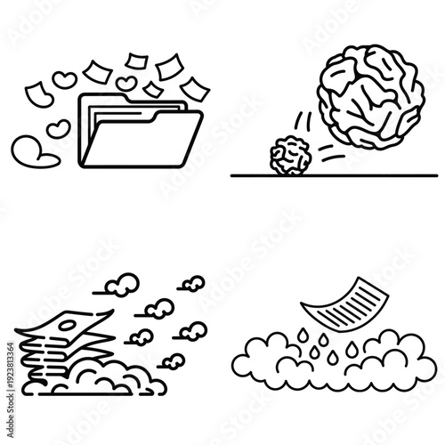 Paper clutter and document management outline icons showing files, stacks and crumpled paper