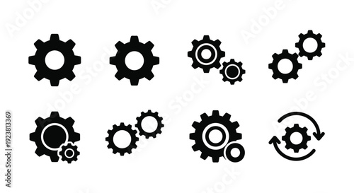 Black gear icons arranged in various configurations a striking silhouette