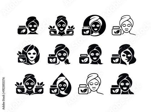 Collection of skincare icons featuring women with face masks and beauty products