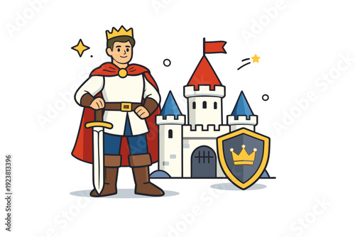 Prince fairytale hero posed beside simple castle elements, symbolizing destiny, protection and classic adventure. A clean editorial-style