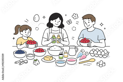 Spring baking ingredients prep. A family laying out colorful baking ingredients like berries, icing, and natural food dyes, subtle egg and flower icons