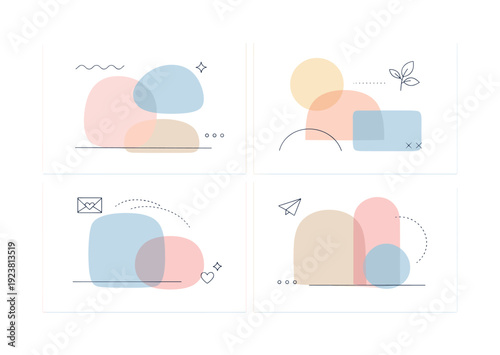 Abstract minimalist shapes and icons in pastel colors, modern graphic design elements