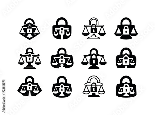 Collection of icons representing legal balance and security with locks and scales