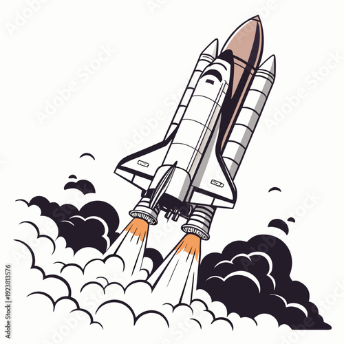 Space Shuttle Launching with Orange Flames and Black Clouds