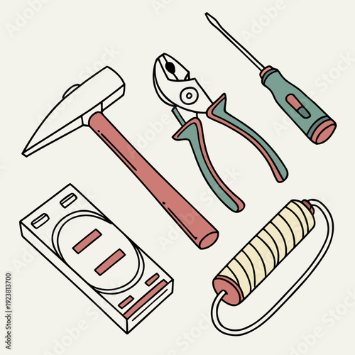 Of home repair tools including hammer pliers screwdriver tape measure and electrical outlet tester