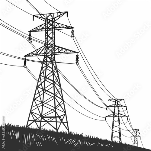 Black and white of electricity transmission towers on grassy hill