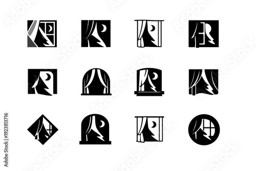 Darkness creeping through the window at night. Icon set. Set Logo of Darkness creeping through the window at night: night window with curtain gap. harmonious
