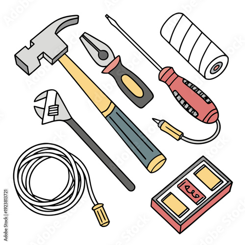 Colorful of home repair tools on white background hammer
