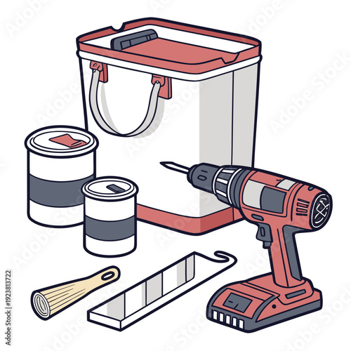 Red and gray construction tools and supplies on white background