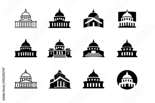 Statecraft. Icon set. Set Logo of Statecraft: government building facade. harmonious logo variations of the same emblematic concept, each with different