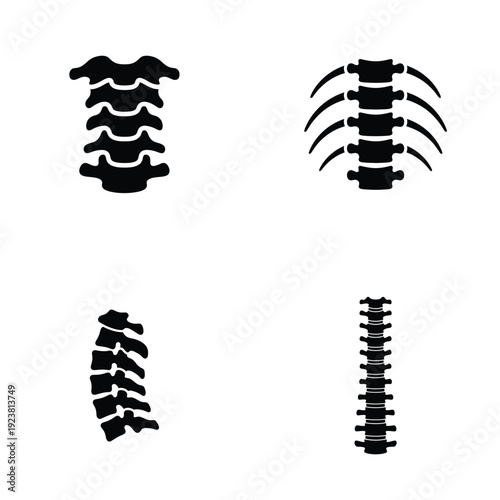 Black silhouette human spine and vertebrae icons set isolated on white for orthopedic design