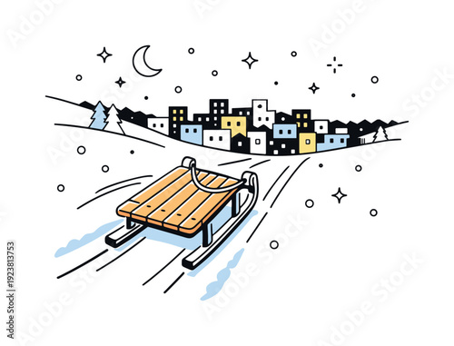 Wooden sled speeding down a snowy hill towards a town at night
