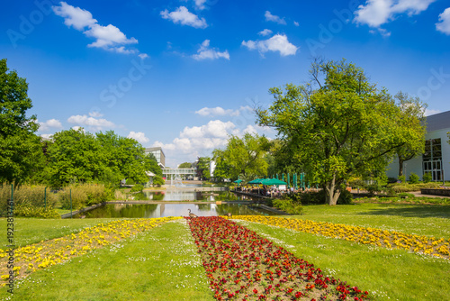 Flowers at the lake of the Gruga park in Essen, Germany