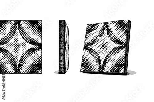 Geometric dot pattern tile represented as one structured pattern tile object shown in three views: front view, side view, and three-quarter view emphasizing