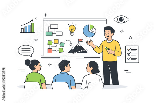 Facilitation with visual aids. A person guiding a meeting using a whiteboard with visual thinking tools, subtle chart and eye icons floating, organized and
