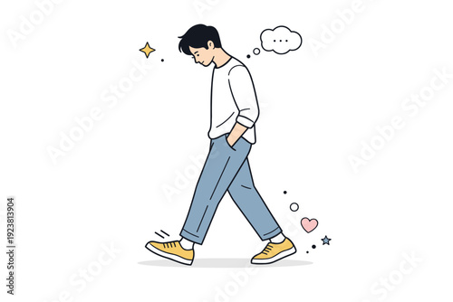 Looking down walking. Side view of a person strolling with a lowered gaze, relaxed shoulders, steady steps. Thoughtful walk, gentle self-reflection, soft