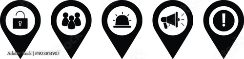 Map Pin Communication and Security Icon Set – Location Marker with Lock Users Siren Megaphone and Alert Symbol