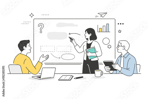 Knowledge transfer gaps. A group collaborating around a board where some key elements are missing or blurred out. The mood is neutral and analytical,