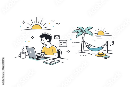 Summer work-life balance moments. Person working efficiently in the morning, with sun icons rising and a relaxed afternoon hinted in the