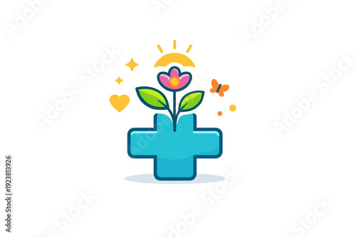 Spring healthcare concept gentle wellness focus centered on a blooming plant growing from a medical cross symbol, with soft sun accents expressing renewal,