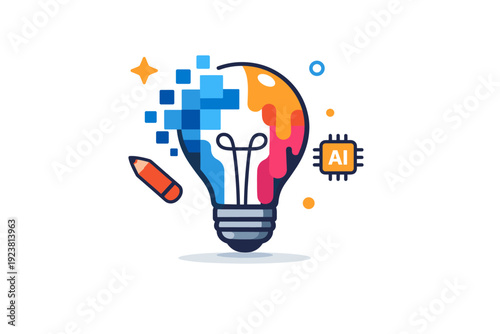 AI-generated art and creativity conveyed by a lightbulb merging with digital pixels and paint shapes, representing ideas enhanced