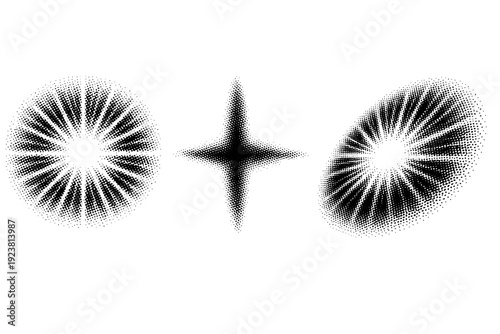 Soft halftone circular glow rays shown as a single radial fade-ray object displayed in three views: front view, side view, and three-quarter view emphasizing