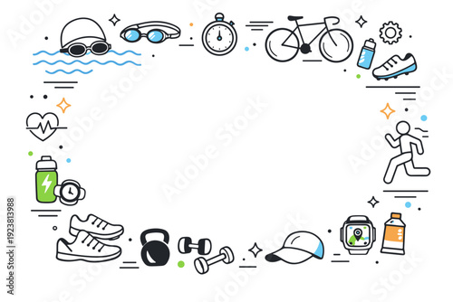 Triathlon spring base training. Editorial background with training gear and discipline icons forming a soft frame around empty space. Clean versatile layout