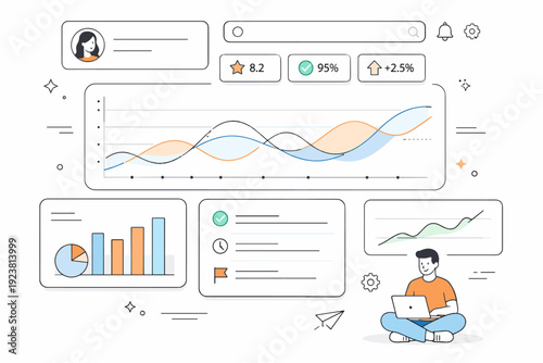 Data calm layouts. Abstract analytics panels with line charts gently curving across the scene, clear hierarchy and quiet rhythm, sense of order and clarity.