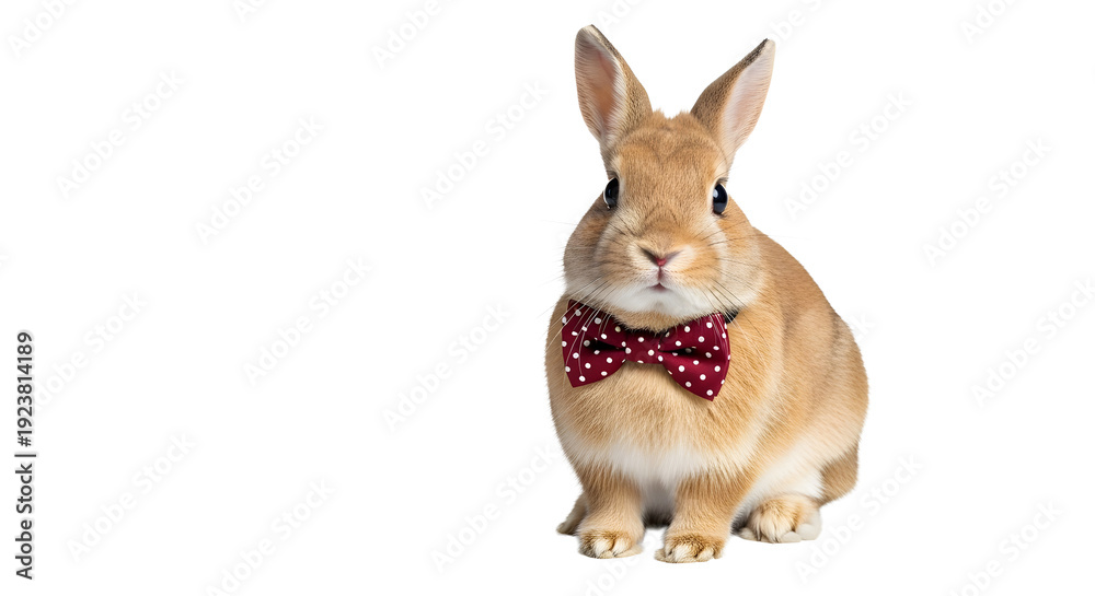 Fototapeta premium A cute rabbit wearing a red bow tie on transparent background
