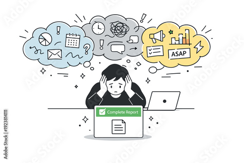 Focused Amidst Chaos. Cognitive overload at work. A contrast scene where chaotic information clouds hover above a worker, while a small clear task card is