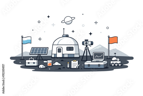 Planet surface research. A small research setup on a planet surface with tools, flags, or instruments placed neatly. The atmosphere feels organized, calm, and