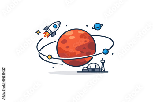 Mars colonization plans representing exploration and the next frontier of space travel. A focused scene built around Mars with a small spacecraft and orbital