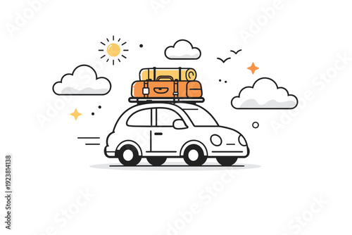 Weekend getaway. A compact car icon with luggage on top and soft clouds around. The mood is easy and optimistic, showing a short spring escape. Minimalist flat