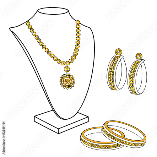 Gold jewelry set with necklace earrings and bangles