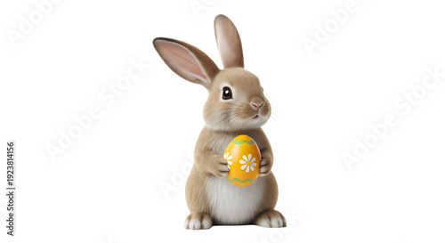 A cute Easter bunny holding an orange egg on transparent background
