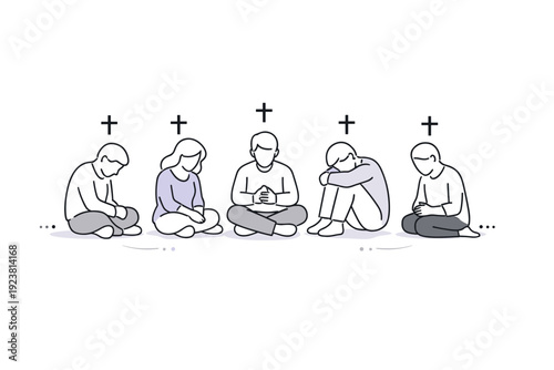Ash Wednesday. A group of minimal figures seated in reflection, with soft cross symbols above each head. The illustration suggests community,