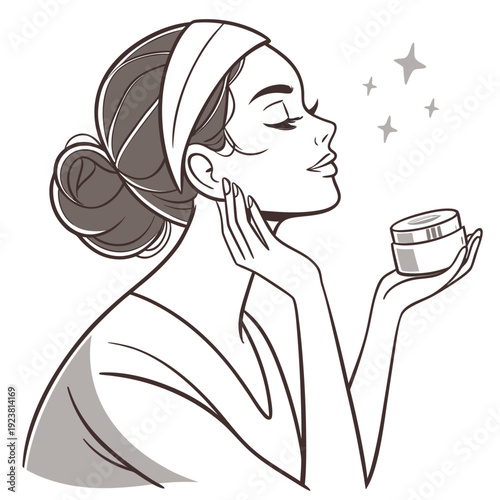 Woman applying skincare cream with towel on head and stars