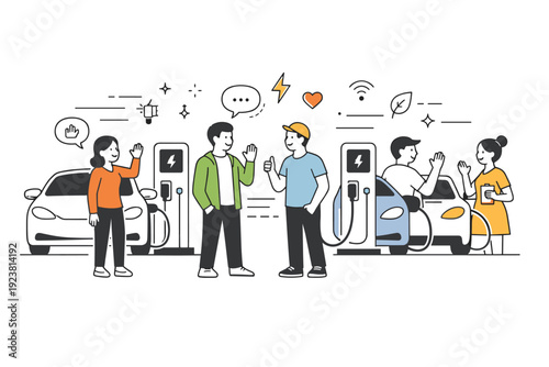 EV Charging Connection. Public charging hub interaction. Multiple EVs charging, drivers engaging briefly, exchanging smiles or gestures, subtle motion lines