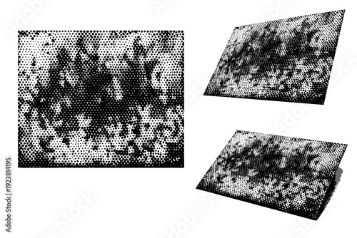 Grunge halftone texture sheet, a single abstract texture overlay object shown as flat front view, angled view, and three-quarter perspective view within one