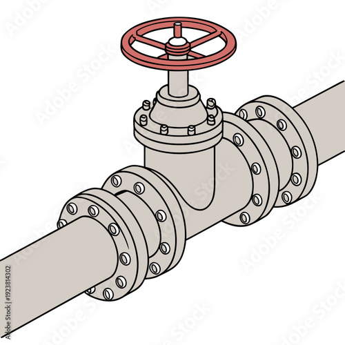 Industrial valve on a pipeline with red handle gas pipeline