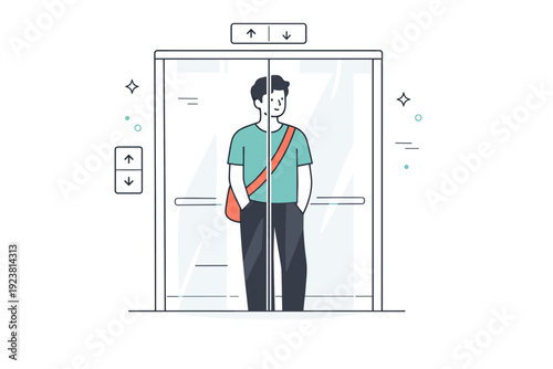 People behind glass. A person inside an elevator, seen through transparent doors, body partially overlapped by reflections. Short pause and enclosed stillness.