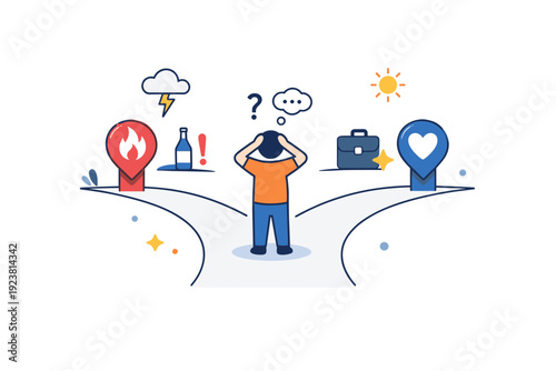 Dilemma's Crossroads. Inner conflict shown as a small figure standing between two simple symbolic paths, each marked with opposing icons that represent