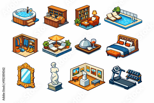 Luxury living. Colorful isometric vector icons set of Luxury living: jacuzzi, wine cellar, home library, indoor pool, walk-in closet, rooftop