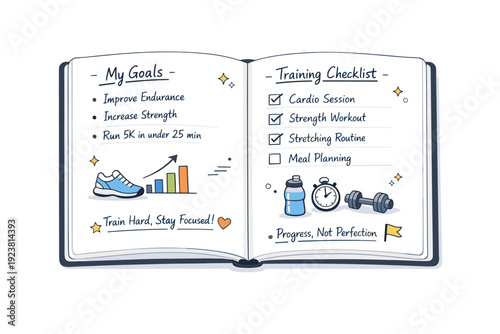 Sports performance planning notebook. Open journal with handwritten goals, checklists, and small training symbols. Thoughtful motivational atmosphere focused